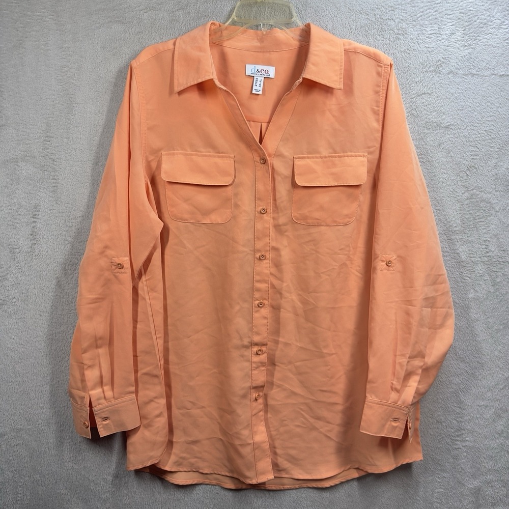 Denim & Co Roll Tab Sleeve Button Front Utility Tunic Top‎ Blouse Sz L Orange
